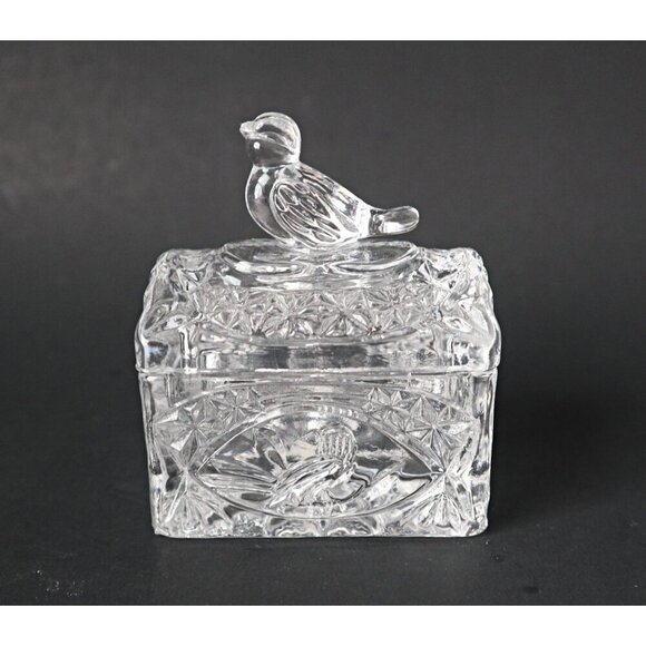 Vintage Crystal Trinket Box Song Bird Lidded Crystal Trinket Box Etched Crystal - Picture 1 of 6